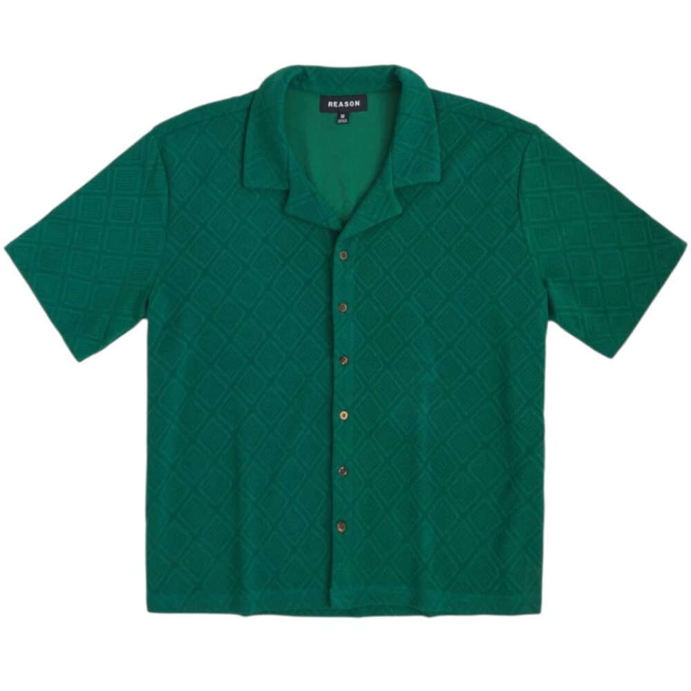 Jacquard Textured Knit Short Sleeve Button Down Shirt - Green